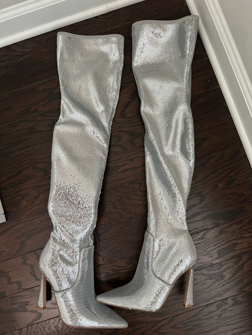 Steve Madden Silver Sequin Over-the-Knee Stiletto Boots
